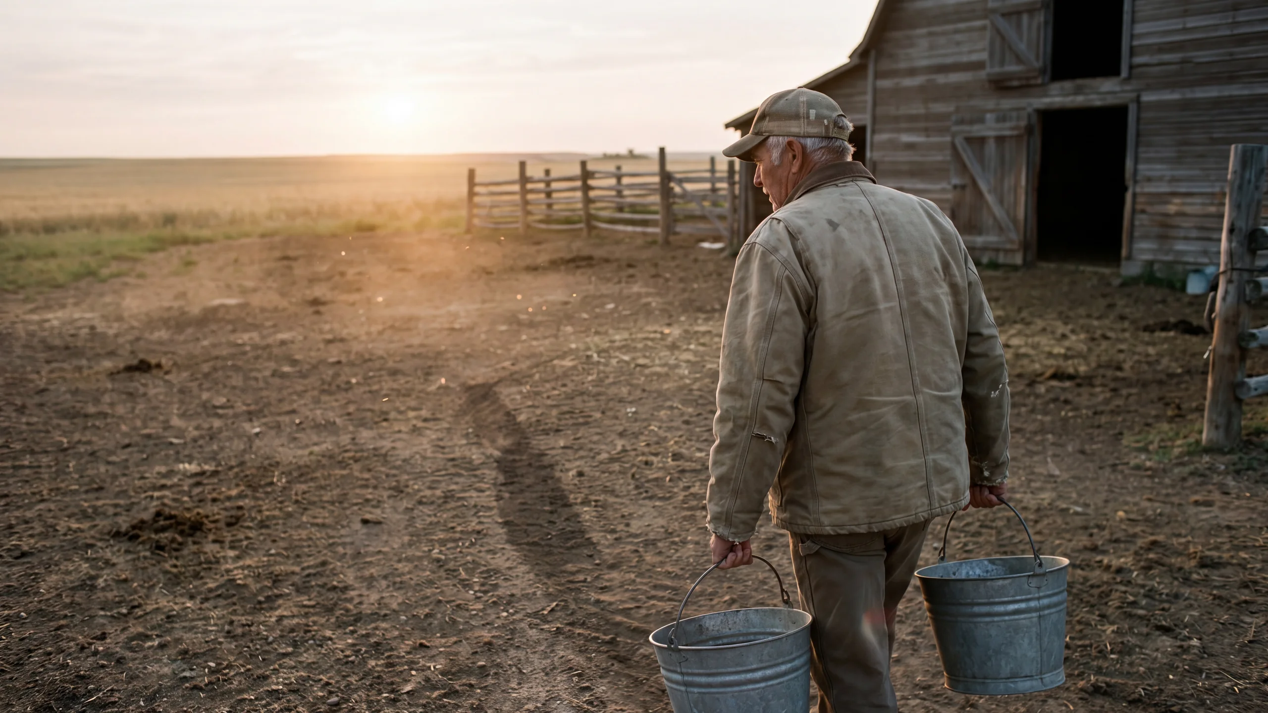 A farmer seen from behind carries two full feed buckets across a barnyard toward the barn at first light.