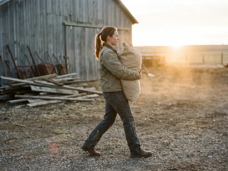 A young woman walks across a farmyard at first light carrying a full feed sack against her chest.