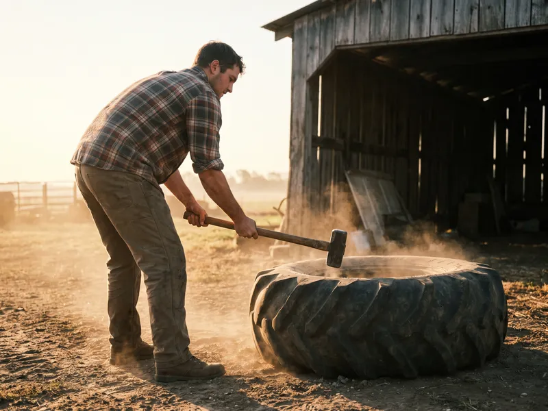 A young farmer in a plaid shirt brings a sledgehammer down onto a tractor tire, dust rising in the low sun.